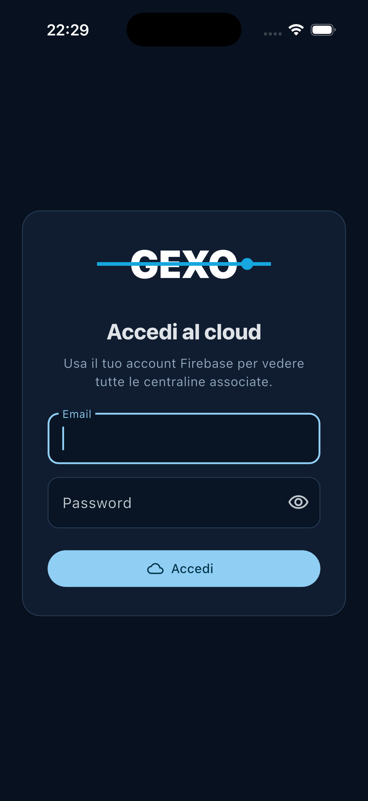 Schermata dell’app GEXO sviluppata in Xcode, eseguita su simulatore iPhone